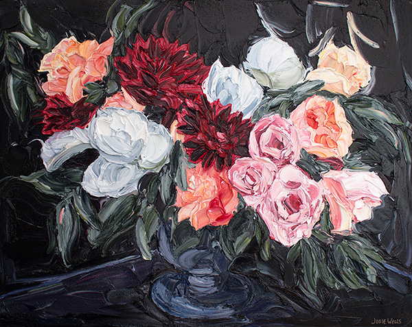Midnight Bouquet Red Dahlias and Mixed Peonies by Jodie Wells | Lethbridge Gallery